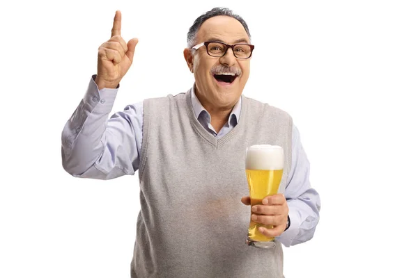 Happy Mature Man Glass Beer Pointing Isolated White Background — Stock Photo, Image