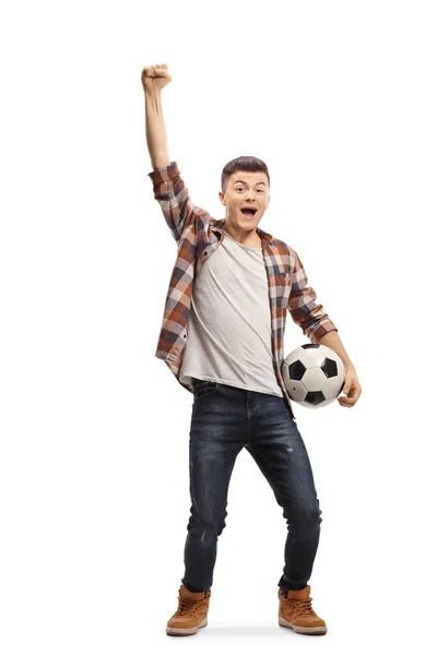 Guy Holding Football Watching Match Shouting Isolated White Background — Stock Photo, Image