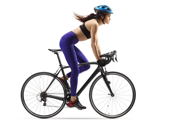 Fit Young Woman Riding Bicycle Helmet Isolated White Background — Stock Photo, Image