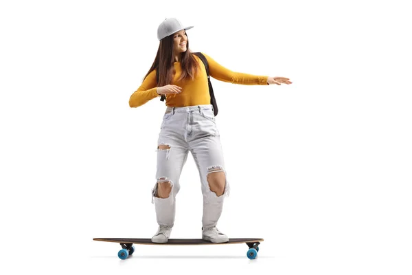 Full Length Shot Cool Female Skater Riding Longboard Isolated White — Stock Photo, Image