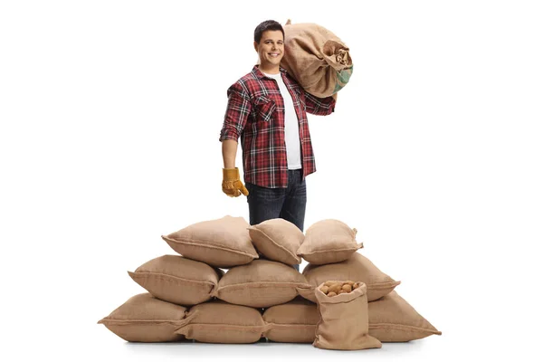 Portrait Complet Agriculteur Avec Une Pile Sacs Avec Des Pommes — Photo