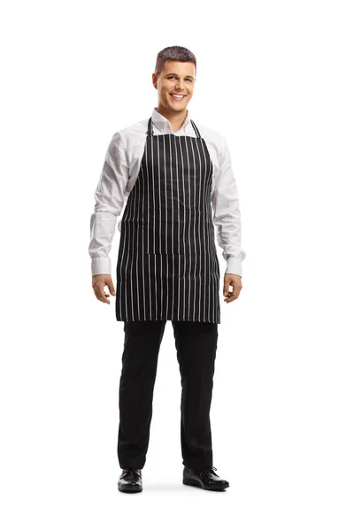 Full Length Portrait Young Man Chef Wearing Apron Isolated White — Stock Photo, Image