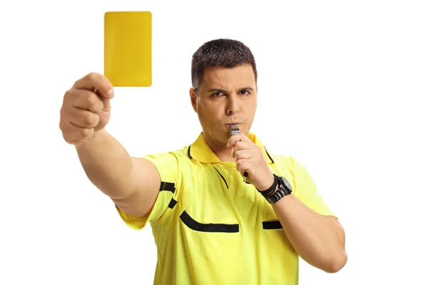 Arbitre Football Sifflant Montrant Carton Jaune Isolé Sur Fond Blanc — Photo