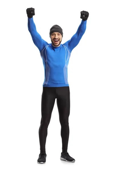 Full Längd Porträtt Ung Glad Man Sport Outfit Höja Händerna — Stockfoto