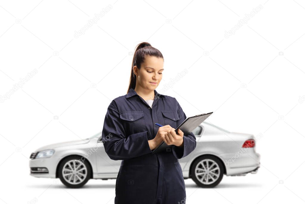 Female auto mechanic writing down on a clipboard isolated on white background