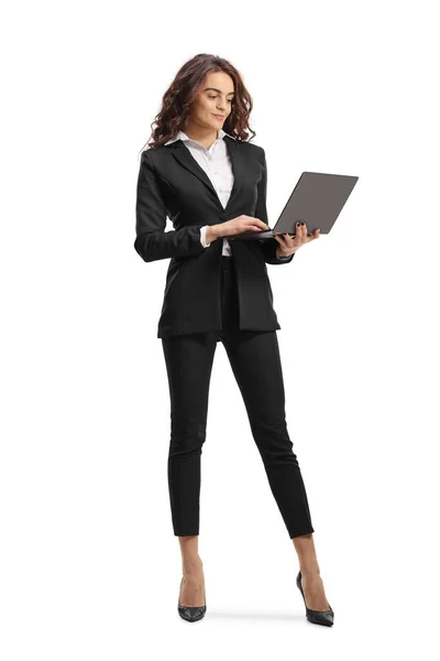 Full Length Portrait Young Businesswoman Holding Laptop Computer Isolated White — Stock Photo, Image