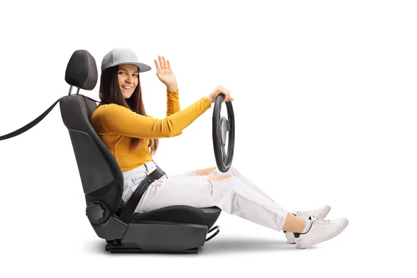 Young Female Driving Seatbelt Waving Camera Isolated White Background — Stock Photo, Image