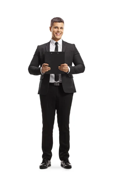 Full Length Portrait Professional Man Holding Clipboard Isolated White Background — Stock Photo, Image