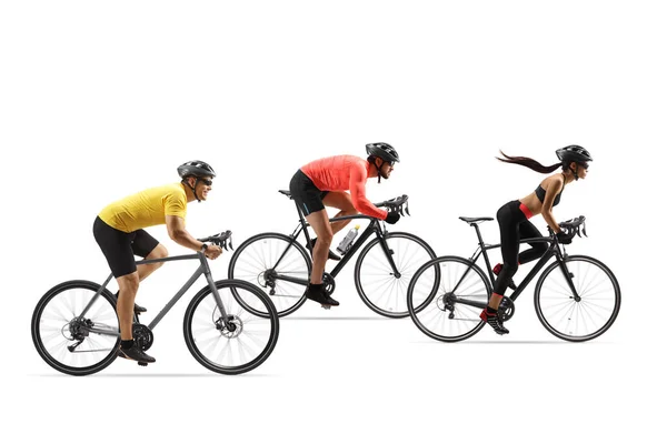 Groep Fietsers Rijden Snel Geïsoleerd Witte Achtergrond — Stockfoto