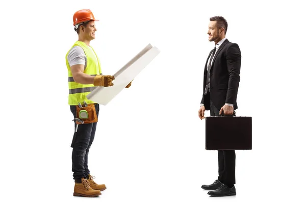 Full Length Profile Shot Construction Worker Holding Blueprint Having Conversation — Stock Photo, Image