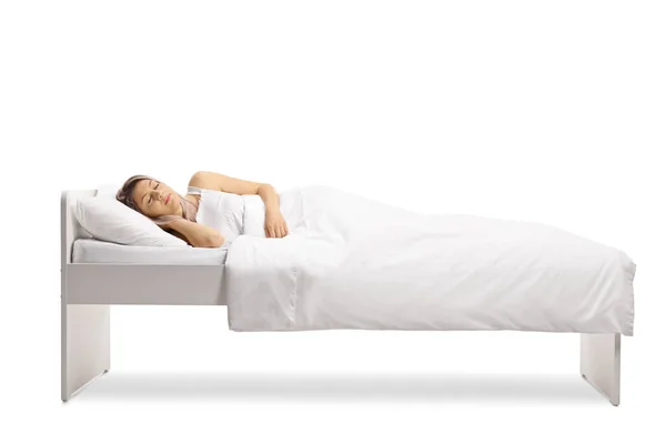 Young Woman Sleeping Peacefully Single Bed White Duvet Cover Isolated — Stock Photo, Image