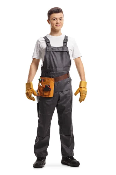 Full Length Portrait Young Repairman Tool Belt Isolated White Background — Stock Photo, Image