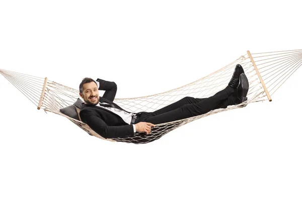 Happy Young Businessman Lying Hammock Swing Isolated White Background — Stock Photo, Image