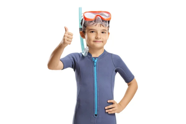 Junge Neoprenanzug Mit Tauchermaske Und Schwimmflossen Und Zeigt Vereinzelt Daumen — Stockfoto