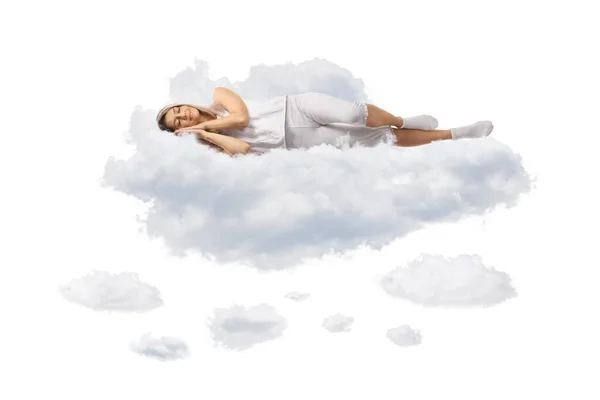 Mujer Joven Pijama Durmiendo Sobre Nubes Aisladas Sobre Fondo Blanco — Foto de Stock