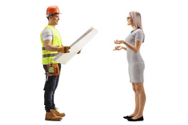 Full Length Profile Shot Contractor Blueprint Having Conversation Woman Isolated — Stock Photo, Image