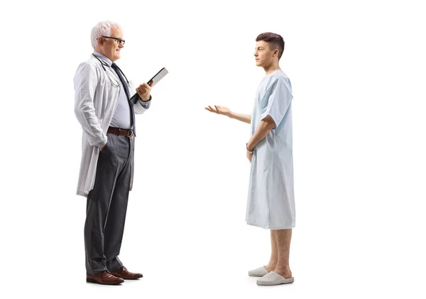 Full Length Profile Shot Young Male Patient Talking Mature Male — Stock Photo, Image