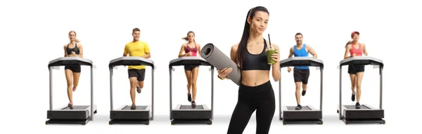 People Running Treadmills Young Female Exercise Mat Green Smoothie Isolated — Stock Photo, Image