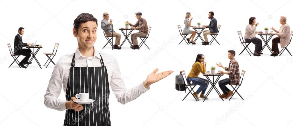 Waiter holding an espresso coffee in a cafee full of people isolated on white background