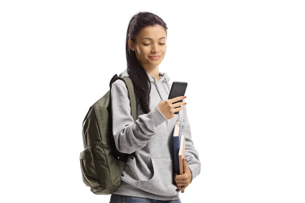 Gemengde Race Vrouwelijke Student Met Boeken Mobiele Telefoon Geïsoleerd Witte — Stockfoto