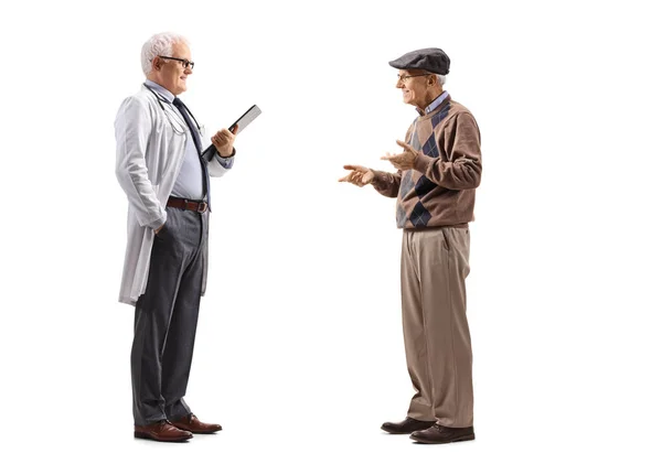 Full Length Profile Shot Doctor Talking Elderly Man Patient Isolated — Stock Photo, Image