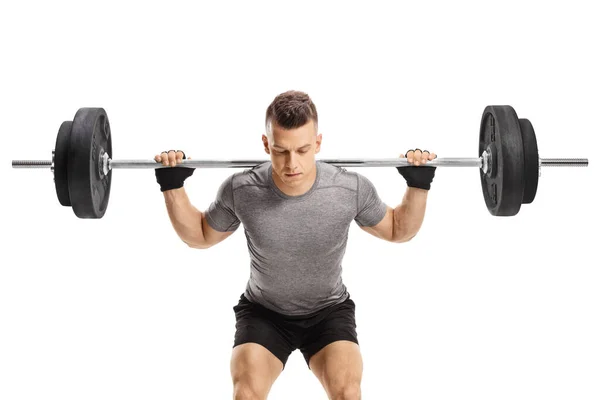 Strong Guy Lifting Weights Isolated White Background — Stock Photo, Image