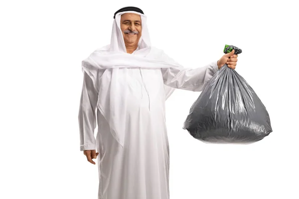 Maduro Árabe Homem Segurando Plástico Lixo Saco Sorrindo Isolado Branco — Fotografia de Stock