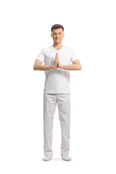 Young Man White Clothes Standing Practicing Yoga Isolated White Background — Stock Photo, Image