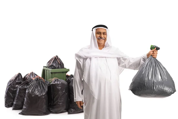 Arab Man Throwing Plastic Waste Bag Bin Pile Bags Isolated — Stock Photo, Image
