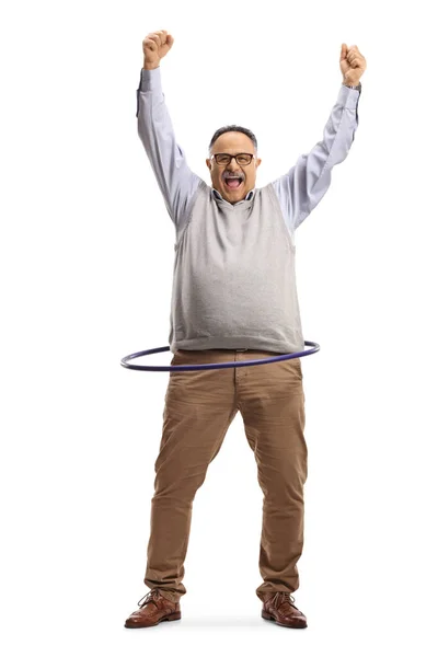 Ganzes Porträt Eines Fröhlichen Reifen Mannes Der Einen Hula Hoop — Stockfoto