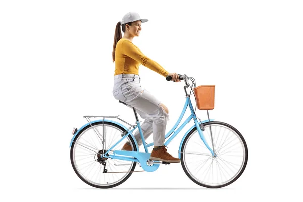 Full Length Profile Shot Young Female Riding Blue City Bicycle — Stock Photo, Image
