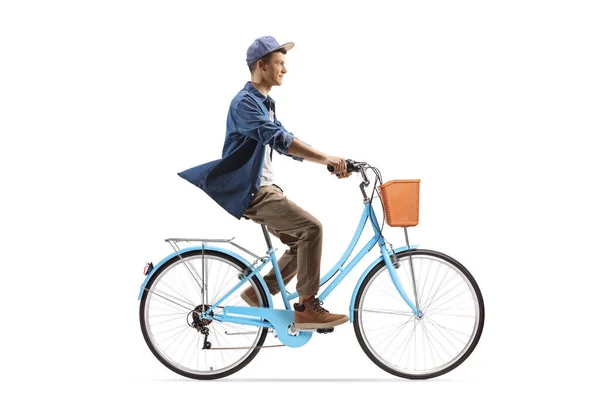 Full Length Profile Shot Casual Guy Riding City Bicycle Isolated — Stock Photo, Image