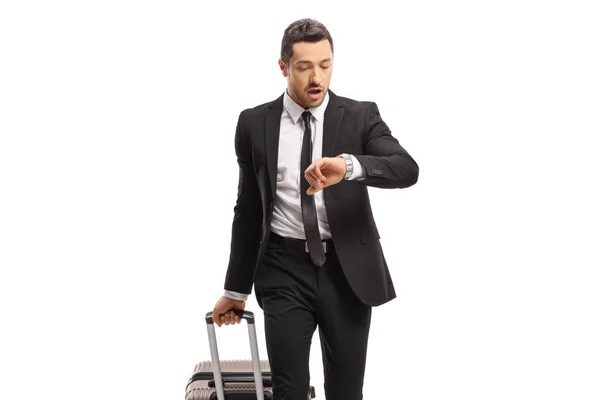 Jeune Homme Affaires Avec Une Valise Voyage Affaires Regardant Montre — Photo