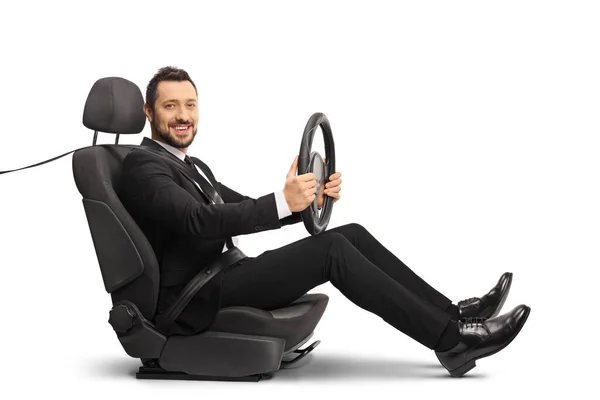 Homem Terno Sentado Assento Carro Segurando Volante Isolado Fundo Branco — Fotografia de Stock