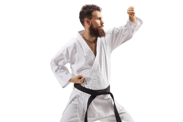 Vousatý Muž Kimonu Cvičení Bojových Umění Izolovaných Bílém Pozadí — Stock fotografie