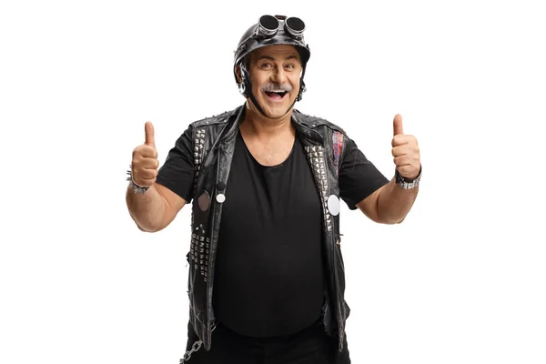 Mature Man Biker Leather Vest Showing Both Thumbs Isolated White — Stock Photo, Image