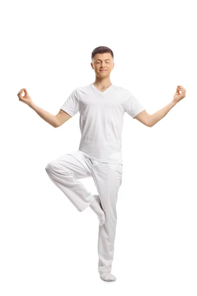 Full Length Portrait Young Man White Clothes Standing Yoga Pose — Stock Photo, Image