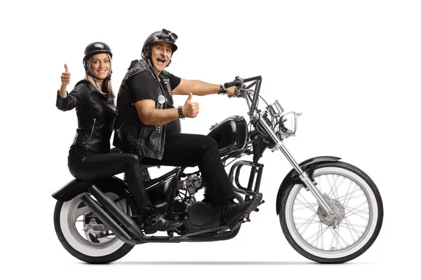 Full Length Profile Shot Biker Riding Young Woman Chopper Showing — Stock Photo, Image