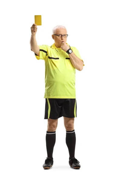 Full Length Portrait Football Referee Showing Yellow Card Wistling Isolated — Stock Photo, Image