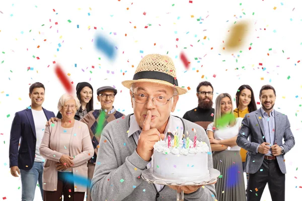 Elderly Man Holding Birthday Cake Surprise Party People Isolated White — Stock Photo, Image