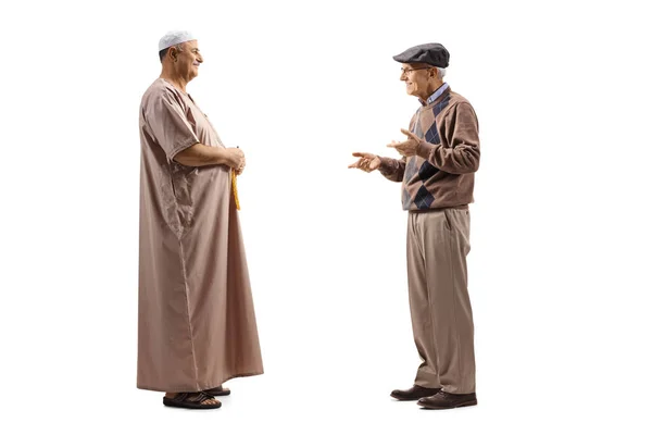 Conversation Elderly Caucasian Muslim Man Isolated White Background — Stock Photo, Image