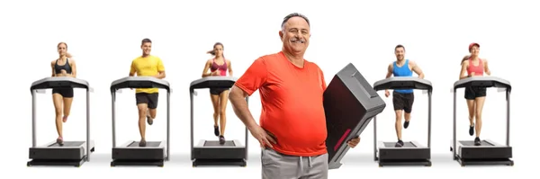 Mature Man Holding Step Aerobic Platform Front People Running Treadmills — Stock Photo, Image