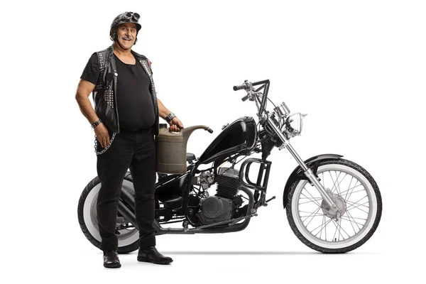 Full Length Portrait Biker Chopper Motorbike Holding Gas Canister Isolated — Stock Photo, Image