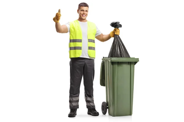 Full Length Portrait Waste Collector Holding Bin Bag Geburing Thumbs — Stockfoto