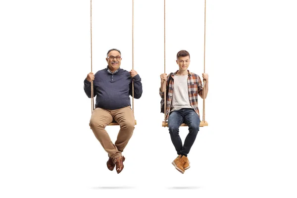 Father Teenage Student Son Sitting Wooden Swings Isolated White Background — Stock Photo, Image