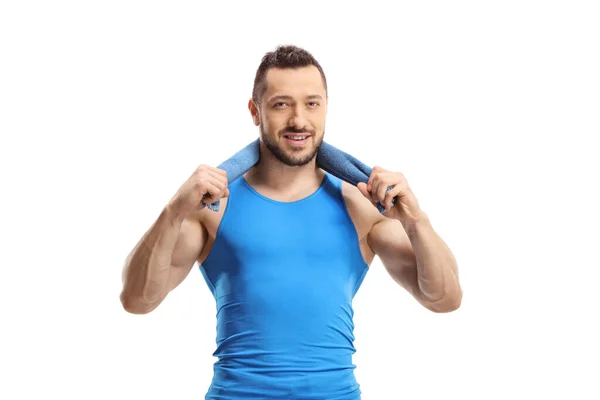 Mann Sportkleidung Mit Einem Handtuch Den Hals Auf Weißem Hintergrund — Stockfoto