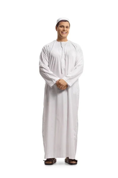 Retrato Comprimento Total Jovem Muçulmano Branco Dishdasha Isolado Fundo Branco — Fotografia de Stock