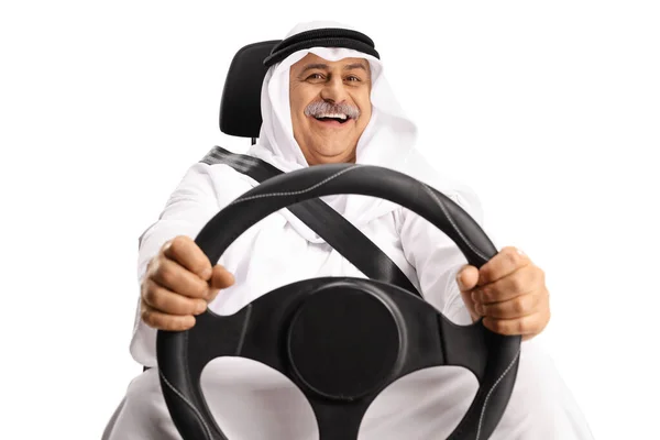Fröhliche Reife Mann Einem Autositz Fahren Isoliert Auf Weißem Hintergrund — Stockfoto