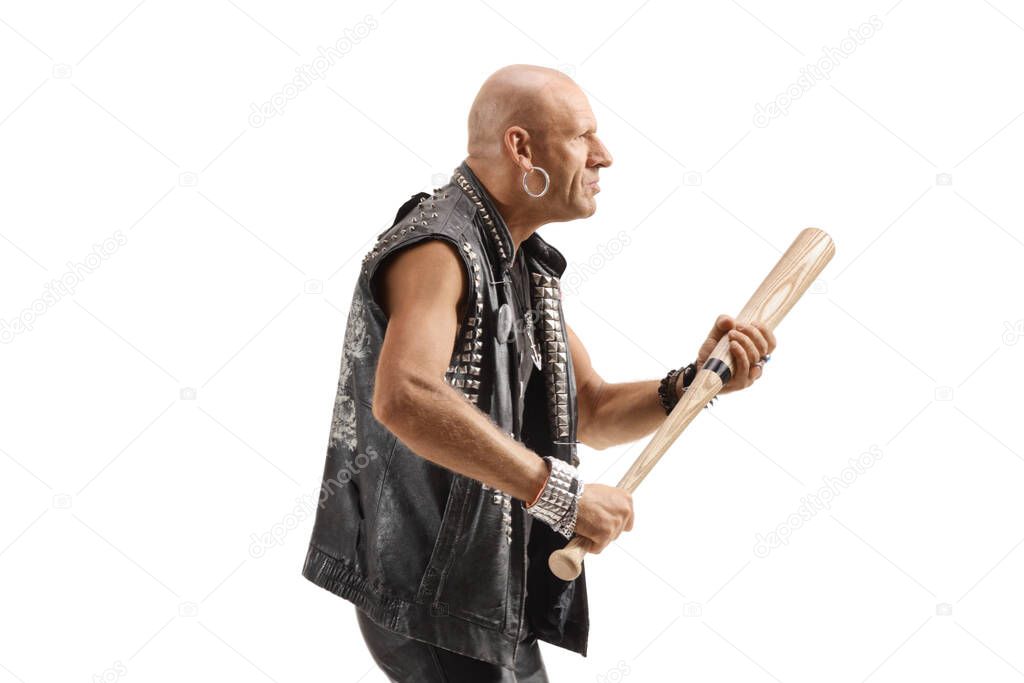 Bald punk with a bat isolated on white background
