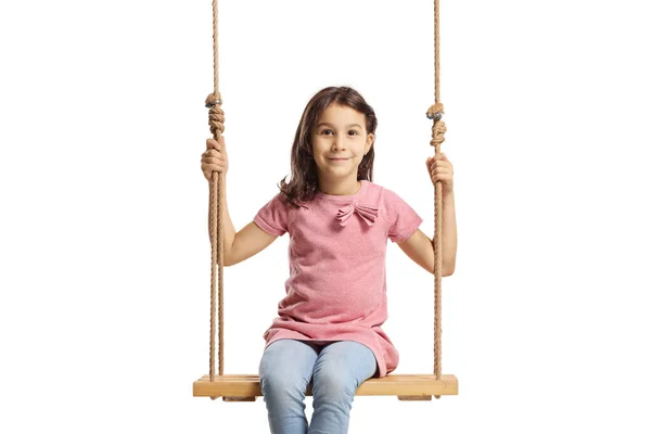 Dívka Sedí Dřevěné Houpačce Izolované Bílém Pozadí — Stock fotografie